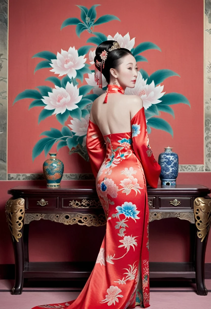 The empress of the Qing Dynasty is wearing a red floral patterned dress, completely naked, with her profile showing and her buttocks sticking out, posing in the luxurious palace of the empress of the Qing Dynasty.