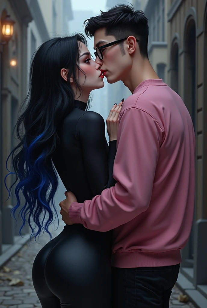 Couple of boyfriends she gothic with curvy body big cheeks big butt black hair with blue big brown eyes light skin, dressed in black, He has straight hair combed up and small rectangular glasses and a wide nose and a pink sweatshirt and black pants
