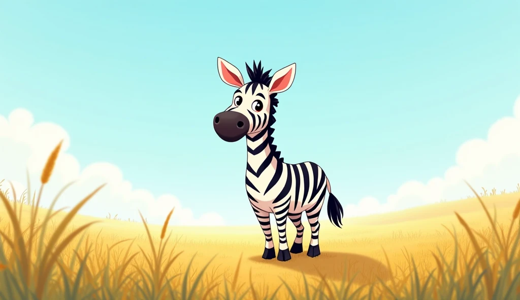 Z is for Zebra, with stripes all around:
"A cartoon
zebra standing proudly in a grassy plain, its black and white stripes contrasting with the golden grass, under a wide blue sky."