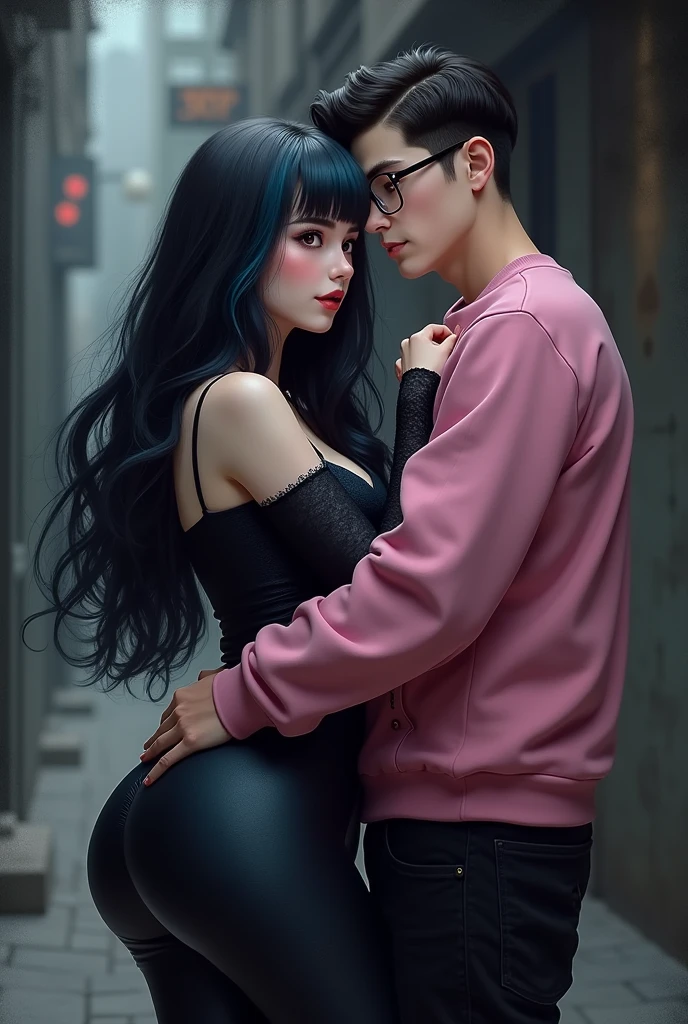 Couple of boyfriends she gothic with curvy body big cheeks big butt black hair with blue big brown eyes light skin, dressed in black, He has straight hair combed up and small rectangular glasses and a wide nose and a pink sweatshirt and black pants 