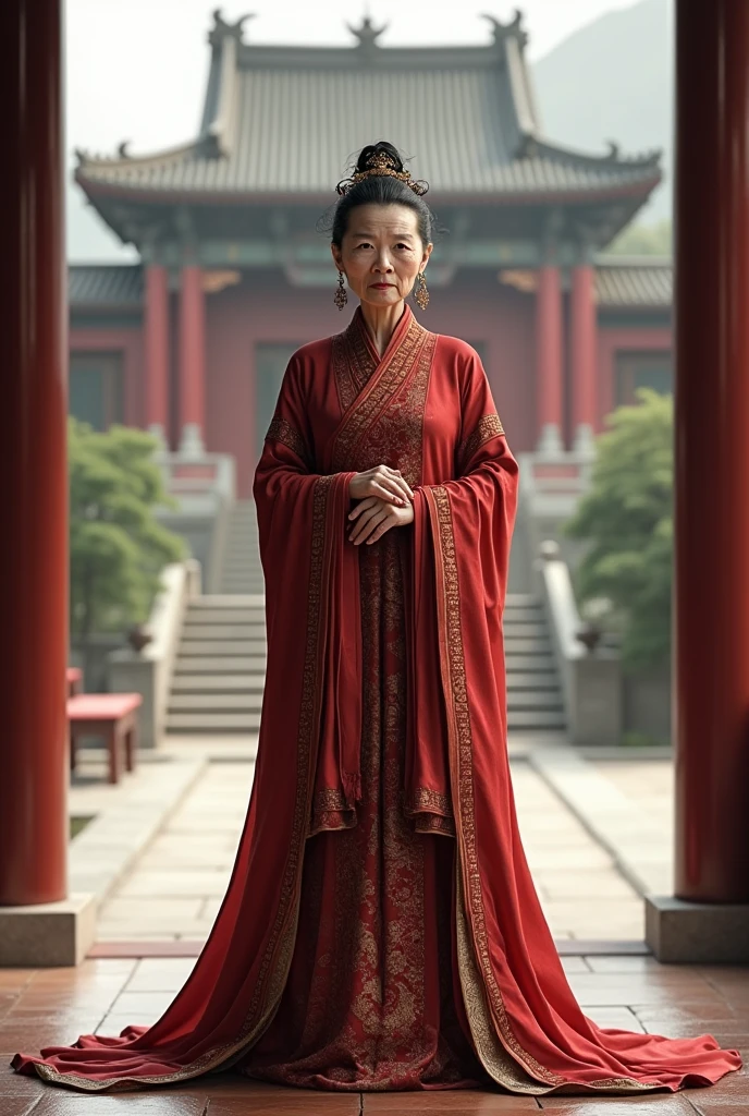 (photorealism:1.2), An old attractive lady (short height but a little fat) of 70 years dressed in ancient Chinese queen dress with long gown and scarf across her elbows with her wrinkled barefoot peeping out from the long gown that reaches the floor standing beside an open varanda that views a Chinese Palace outside (The woman has chignon hair) facing front face