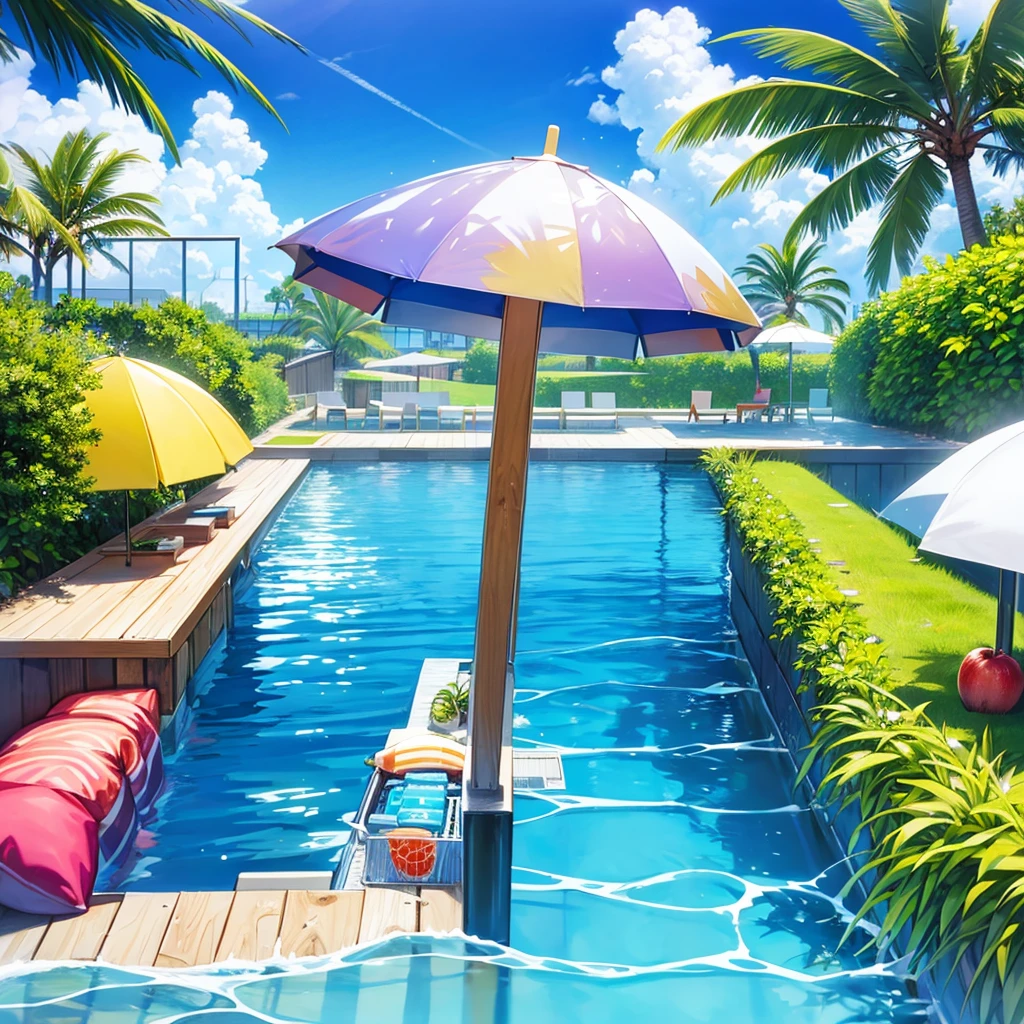 buzzer,Cool,posters,fruit,swimming pool,Cool,refrigerator,Old wives' buzzer,Swimming ring,Sun umbrella,bird's-eye view,Pleasantly surprised,Sunny Beach,No characters。Illustration style,Remove the middle parasol,Add more fruit,Removing Birds,