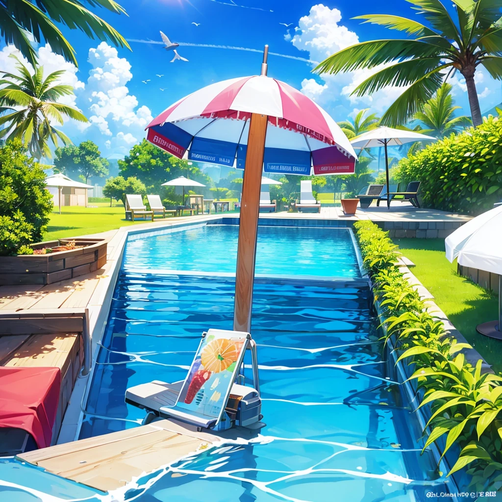 buzzer，Cool，posters，fruit，swimming pool，Cool，refrigerator，Old wives' buzzer，Swimming ring，Sun umbrella，bird&#39;s-eye view，Pleasantly surprised，Sunny Beach，No characters。Illustration style，Remove the middle parasol，Add more fruit，Removing Birds，