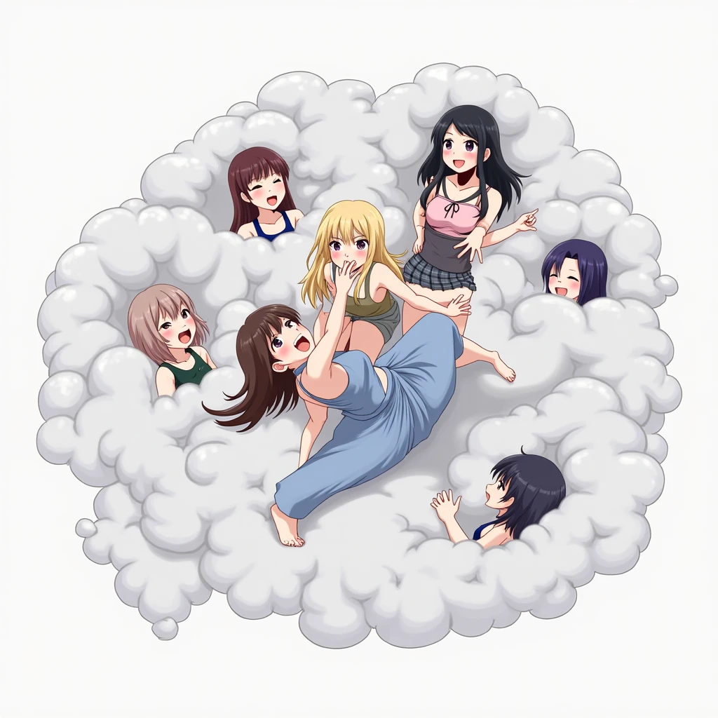 An anime-style illustration depicting girls and lady playfully wrestling with each other inside a light gray comical fight cloud (dust cloud).
each girl has different colored hair. one lady with black long hiar and red-eyes and blue sleeveless-kimono.
their faces,hands,and feet are visible emerging from the cloud as they tussle humorously, with the rest of their bodies completely hidden inside the cloud.
the illustration emphasizes the humorous and energetic nature of their scuffle,with a fluffy and exaggerated fight cloud.