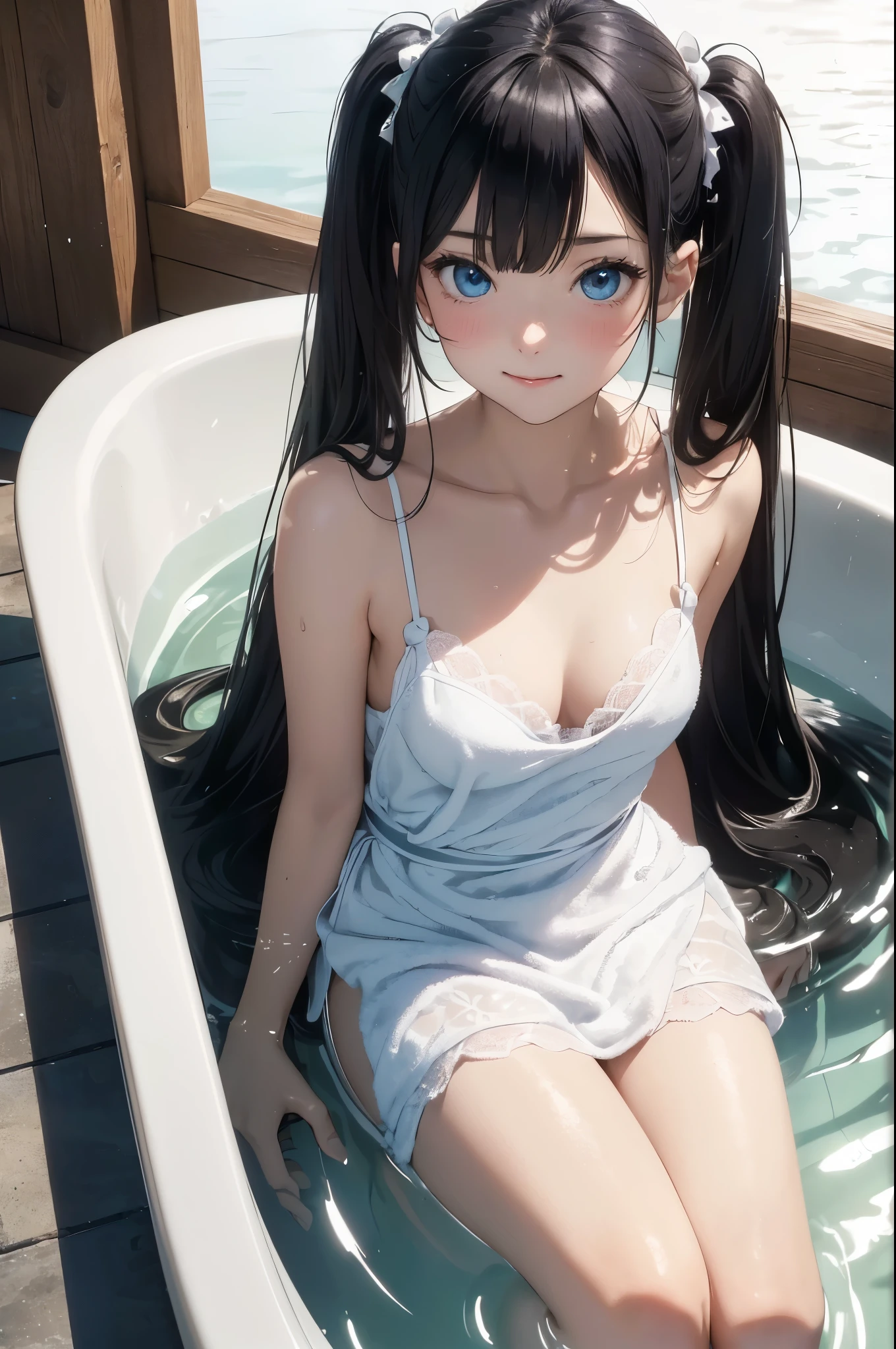 ((masterpiece)), ((highest quality、Ultra high definition)), (Very detailed),((8k、Photo quality))、((Amazingly cute girl))、(**-****-*** girl,)、Two people, , (Beautiful emerald blue eyes), ((smile)),((A Japanese-style open-air rock bath at a luxury inn)), Beautifully arranged black hair in twin tails、Slim Body、(Cute little breasts)、(((A white bath towel is wrapped around her)))、Professional Lighting、(White lace knee-highore detailed and beautiful)、(More details and cutenesore realistic)、((Just wear light clothing))、Frolic in the pool、(Too cute)、(The embodiment of cuteness)、(Godly cuteness)、((Night view))、((It seems visible but it&#39;s not))、