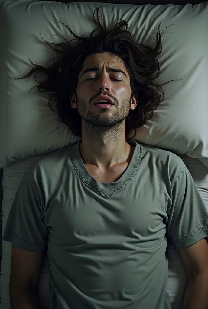 Unconscious person with closed eyes dressed in frowning clothes