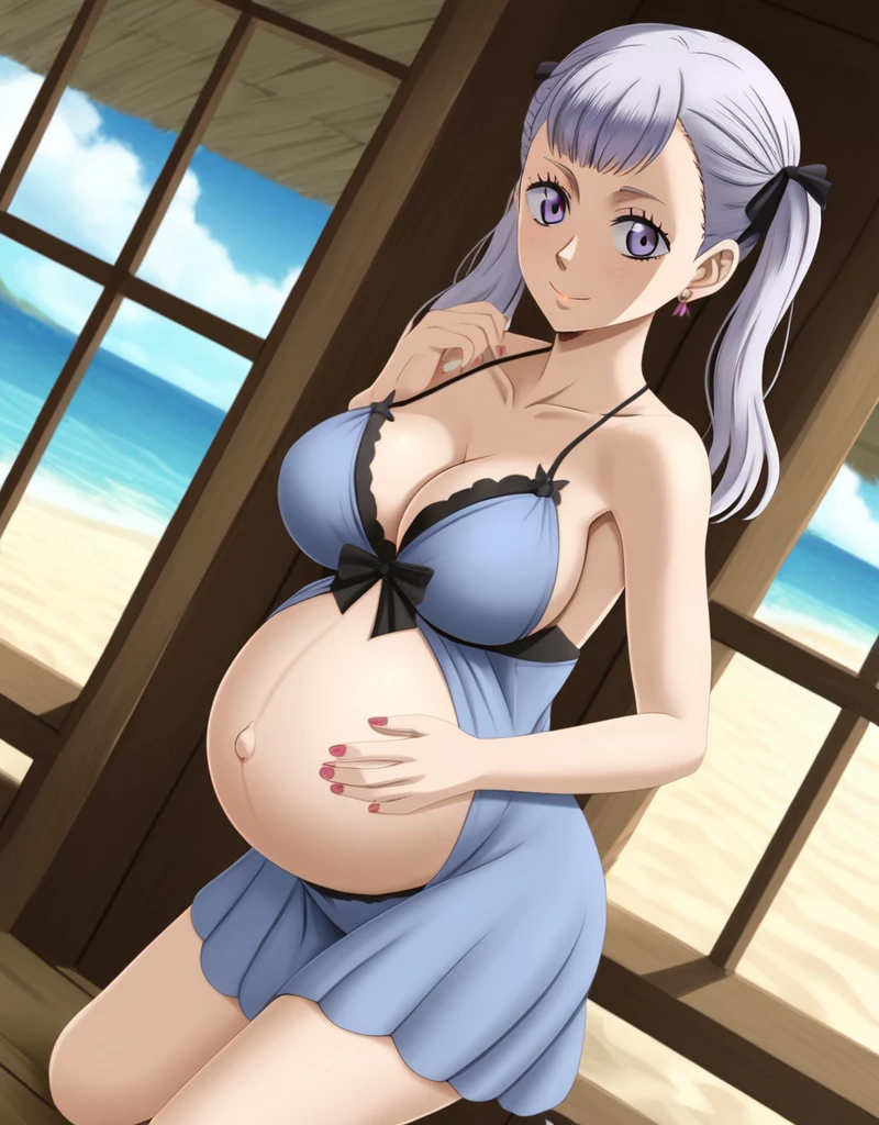 noelle_blackclover, Noelle Silva, Black Clover, long silver hair, waist-length hair, half-up half-down hairstyle, ribbon, side-parted bangs, almond-shaped blue eyes, high-quality, ultra-detailed, beast quality, 8K resolution,
looking at viewer, dutch angle, cowboy shot, smile, pregnant belly, large belly, big belly, big Breasts, belly button, Earrings,
1girl,solo, indoors, beach, happy, Smiling, rub belly, selfing,
full body, Nail polish,