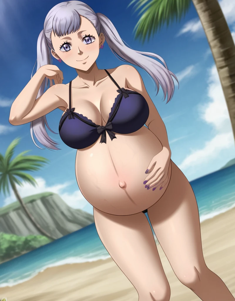 noelle_blackclover, Noelle Silva, Black Clover, long silver hair, waist-length hair, half-up half-down hairstyle, ribbon, side-parted bangs, almond-shaped blue eyes, high-quality, ultra-detailed, beast quality, 8K resolution,
looking at viewer, dutch angle, cowboy shot, smile, pregnant belly, large belly, big belly, big Breasts, belly button, Earrings,
1girl,solo, indoors, beach, happy, Smiling, rub belly, selfing,
full body, Nail polish,