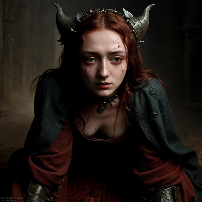 Undead Sansa Stark on her knees, forced oral sex, (oral rape:1.3), Sexual violence, hand on her head, holds her by the hair, (traces of beatings on her body:1.2), torn clothes, Sexual slavery, hellish torment, demon pissing on her face