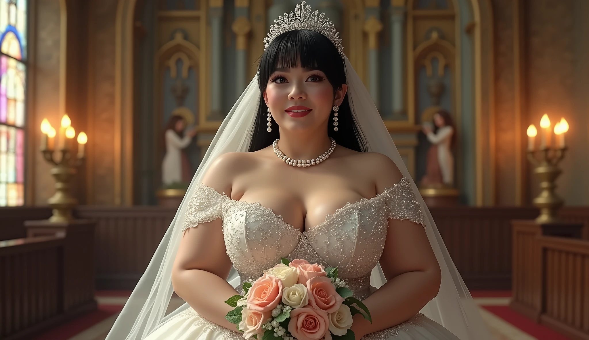 nude body,(masterpiece:1.3), (best quality:1.2), very aesthetic, (ultra high resolution:1.2), (extremely details:1.2), (intricate detailed:1.3), realistic, ray tracing, volumetric lighting, ambient occlusion, beautiful artwork, 3DCG, depth of field, 1girl, (holding bouquet:1.1), milf, solo, detailed beautiful face, detailed beautiful black eyes, black hair, straight long hair, blunt bangs, detailed beautiful oily skin, plump, (gigantic breasts:1.4), (sagging breasts:1.2), ruanyi0261, off-shoulder dress, pearl \(gemstone\), tiara, veil, silk, wedding dress, indoors, chapel, stained glass, torch, bridal ceremony, 