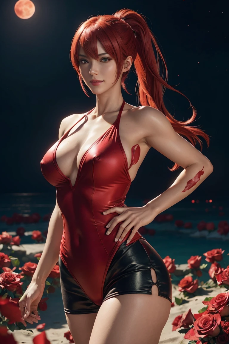 KOF,King of Fighters,Shermie,Red hair,long hair,Long hair tied in a ponytail,Hide your eyes with bangs,Beautiful white skin,Photorealistic,Ultra HD,high quality,masterpiece,Digital SLR,Detailed details,Intricate details,Anatomical basis,Depicted in detail,A detailed face,Realistic skin texture,Vivid details,Perfect Anatomy,Perfect Anatomy,Anatomically correct hand,Anatomically correct fingers,Super Detail,Complex 3D rendering,Sexy pose,Red swimsuit,Fantasy worldview,Beautiful red sea,Beautiful Red Moon,Beautiful night sky,Petals of roses dance,Picturesque,Pink Lips,smile,