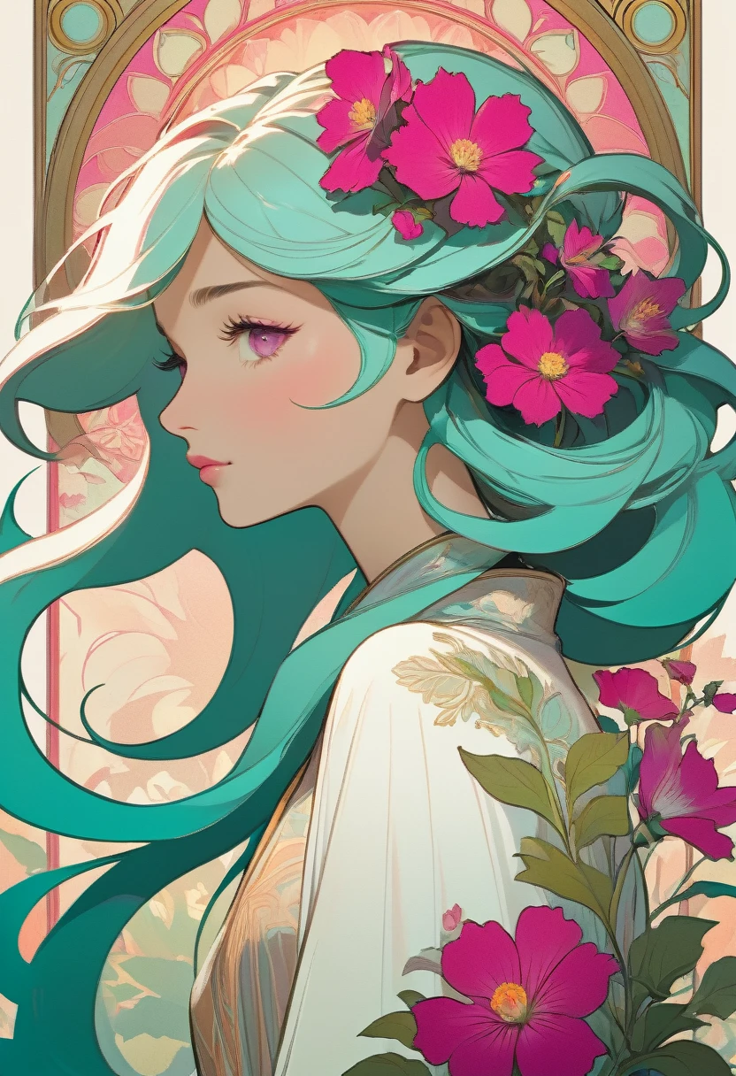 Create a stunning poster-style artwork showcasing a woman adorning her hair with vibrant flowers, Utilize a color palette consisting of dark white and light magenta, and focus on intricate illustrations with serene facial expressions, Incorporate light teal and light red shades to infuse the artwork with smooth lines, reminiscent of comic art, {{alphonse mucha artwork}}