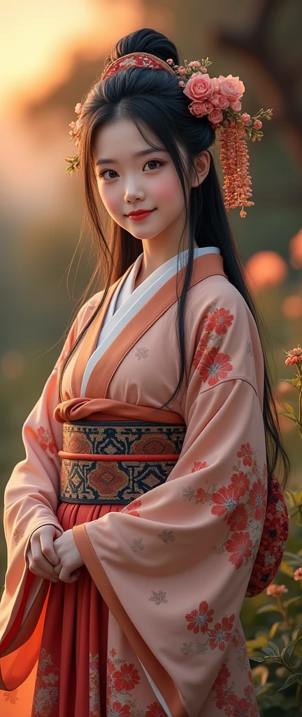  Front view , ((Full-body, standing on garden), a Japanese ancient girl, looking at viewer, beautiful Japanese Young General, girl is 20 years old, (Highly detailed face, Black hair ,Brown eye, Variegated eyes, Fuller lips, little Lips, little smile), (middle breasts, middle hip), (Japanese kimono, flower pattern), standing in Japanese Palace, near Garden, sunset ,(masterpiece, Highest quality, masterpiece, God-like quality, Godly art, , Very realistic)
