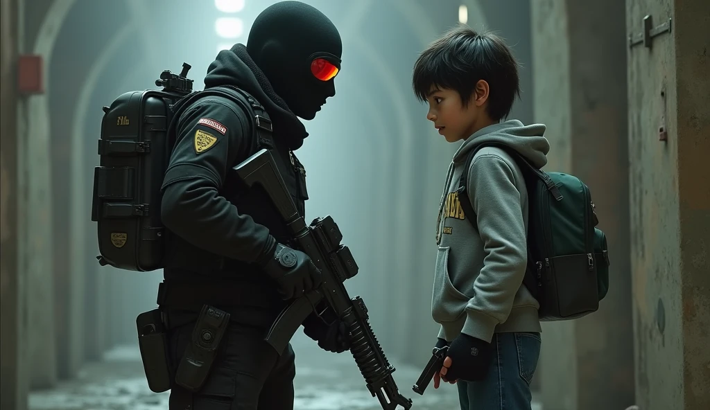 tall F.E.A.R. operative wearing black tactical balaclava and red googles holding assault rifle and standing with a 1 boy holding a pistol and wearing a hood with black shaggy hair, and brown eyes. His attire typically consists of a grey hoodie that features the word “freedom” written on the back, along with black fingerless gloves, black jeans, and black shoes. He also carries a navy green satchel bag. The background is creepy