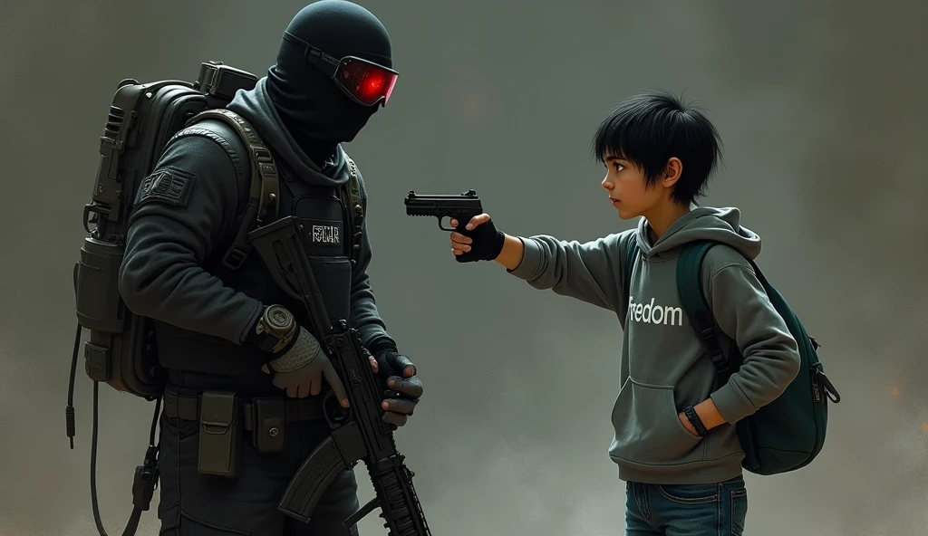 tall F.E.A.R. operative wearing black tactical balaclava and red googles holding assault rifle and standing with a 1 boy holding a pistol and wearing a hood with black shaggy hair, and brown eyes. His attire typically consists of a grey hoodie that features the word “freedom” written on the back, along with black fingerless gloves, black jeans, and black shoes. He also carries a navy green satchel bag. The background is creepy