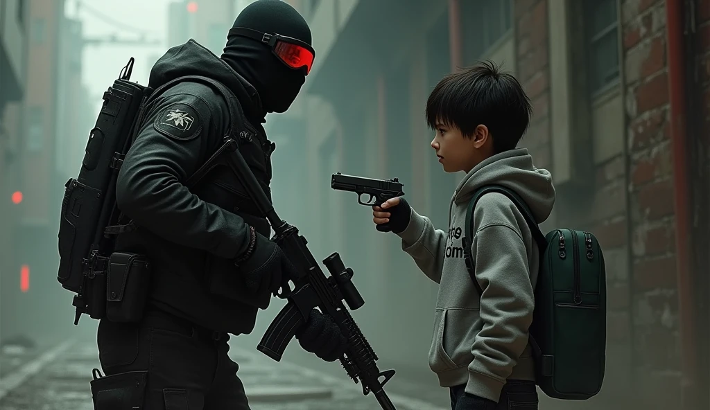 tall F.E.A.R. operative wearing black tactical balaclava and red googles holding assault rifle and standing with a 1 boy holding a pistol and wearing a hood with black shaggy hair, and brown eyes. His attire typically consists of a grey hoodie that features the word “freedom” written on the back, along with black fingerless gloves, black jeans, and black shoes. He also carries a navy green satchel bag. The background is creepy