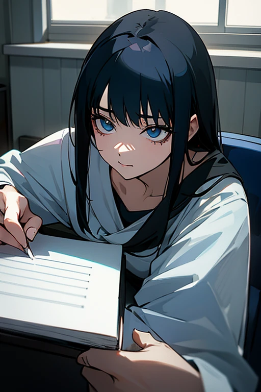 anime girl with black hair and dark blue eyes in a plain apartment writting a novel