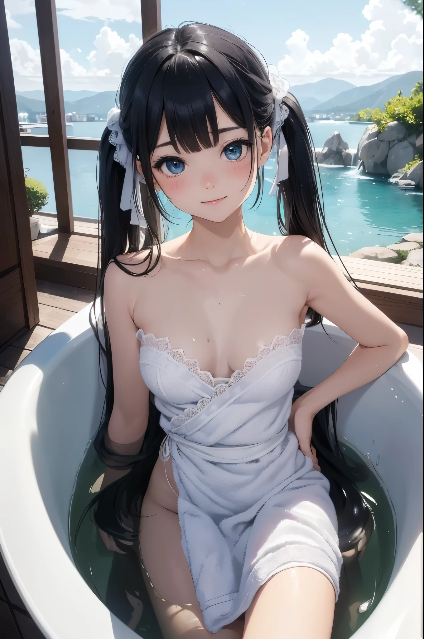 ((masterpiece)), ((highest quality、Ultra high definition)), (Very detailed),((8k、Photo quality))、((Amazingly cute girl))、(-yeld gi)、Two people, , (Beautiful emerald blue eyes), ((smile)),((A Japanese-style open-air rock bath at a luxury inn)), Beautifully arranged black hair in twin tails、Slim Body、(Cute little breasts)、(((A white bath towel is wrapped around her)))、Professional Lighting、(White lace knee-highore detailed and beautiful)、(More details and cutenesore realistic)、((Just wear light clothing))、Frolic in the pool、(Too cute)、(The embodiment of cuteness)、(Godly cuteness)、((Night view))、((It seems visible but it&#39;s not))、