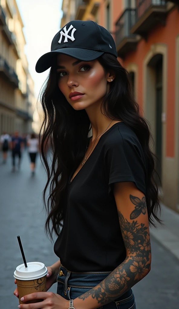 Caucasian woman with a browner tone, Scrawny, with long black hair, brown eyes black and white flower tattoo on arm, with big breasts wearing a black blouse and jeans and wearing a NY cap, holding a coffee in a styrofoam cup in the city of Barcelona 