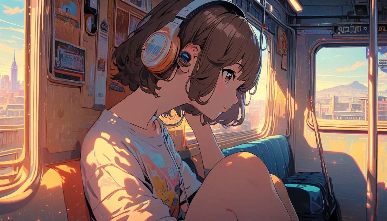 (extremely detailed CG unity 8k wallpaper), (best quality), (best illustration), (best shadow), realistic lighting, beautiful detailed reglow, masterpiece, best quality, lofi artstyle, lofi art, 80s anime style, Retro, Lo-Fi, 1girl, solo, short hair, brown hair, sitting, window, headphones, ground vehicle, train interior, anime