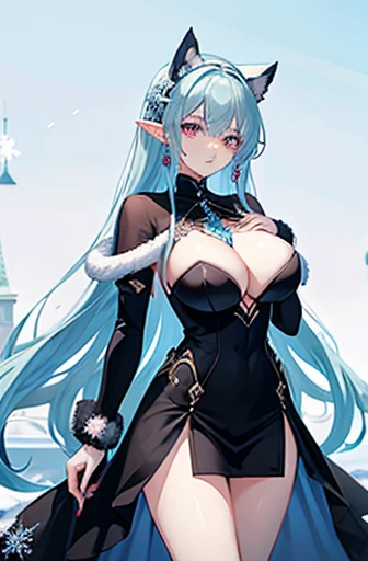 Anime, woman, long hair, pale blue hair, pink eyes, gently, earrings, big boob, wearing a black dress, beautiful, elegant, pure, fantasy, ice, snowflake, snow land, cool, noble, fur coat, elf, crystal, castle,