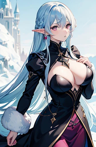 Anime, woman, long hair, pale blue hair, pink eyes, gently, earrings, big boob, wearing a black dress, beautiful, elegant, pure, fantasy, ice, snowflake, snow land, cool, noble, fur coat, elf, crystal, castle,