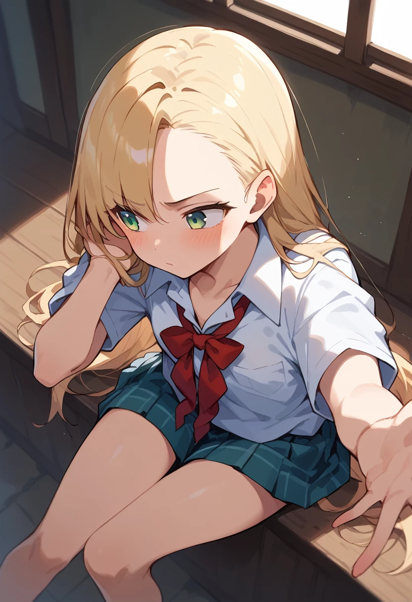 masterpiece, (score_9,score_8_up,score_7_up,score_6_up), 1 girl, green eyes, little sassy, skinny, tsurime, asymmetrical bangs, long hair, (blond hair:1.3), (school uniform), (white collared shirt, plain pattern shirt, short sleeves, shirt tucked in:1), (red plain pattern narrow neck ribbon:1.1), brown loafers, white loose socks, bare feet, thigh, blush,wavy mouth, waving at viewer,looking at viewers,