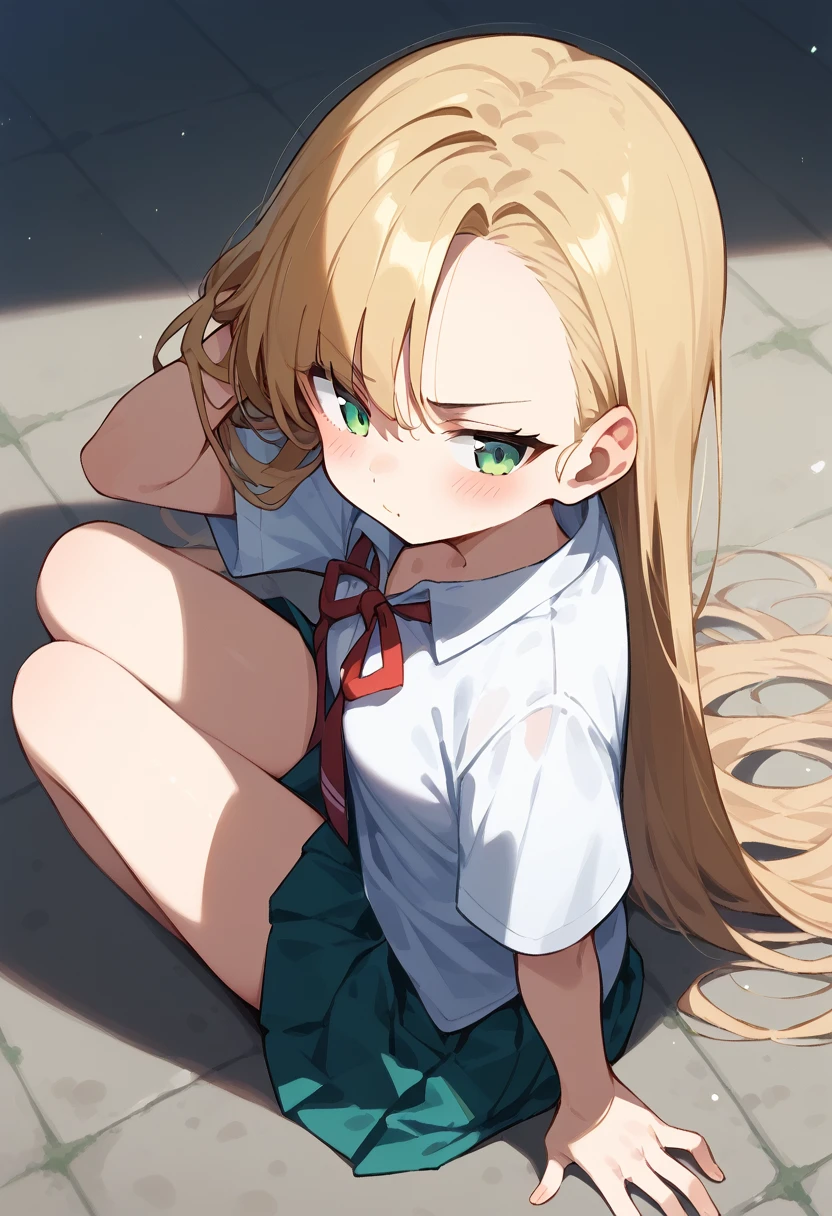 masterpiece, (score_9,score_8_up,score_7_up,score_6_up), 1 girl, green eyes, little sassy, skinny, tsurime, asymmetrical bangs, long hair, (blond hair:1.3), ruffling hair(1.8),pout, (school uniform), (white collared shirt, plain pattern shirt, short sleeves, shirt tucked in:1), (red plain pattern narrow neck ribbon:1.1), bare feet, thigh, teeth, blush, sulking, look away, from above,Sit with your legs outstretched, playing with own hair