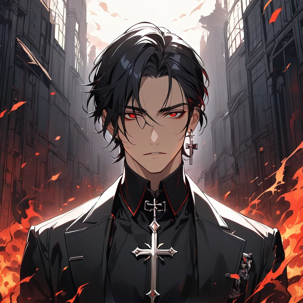 man, black hair, red eyes, cross earrings, hell background, handsome