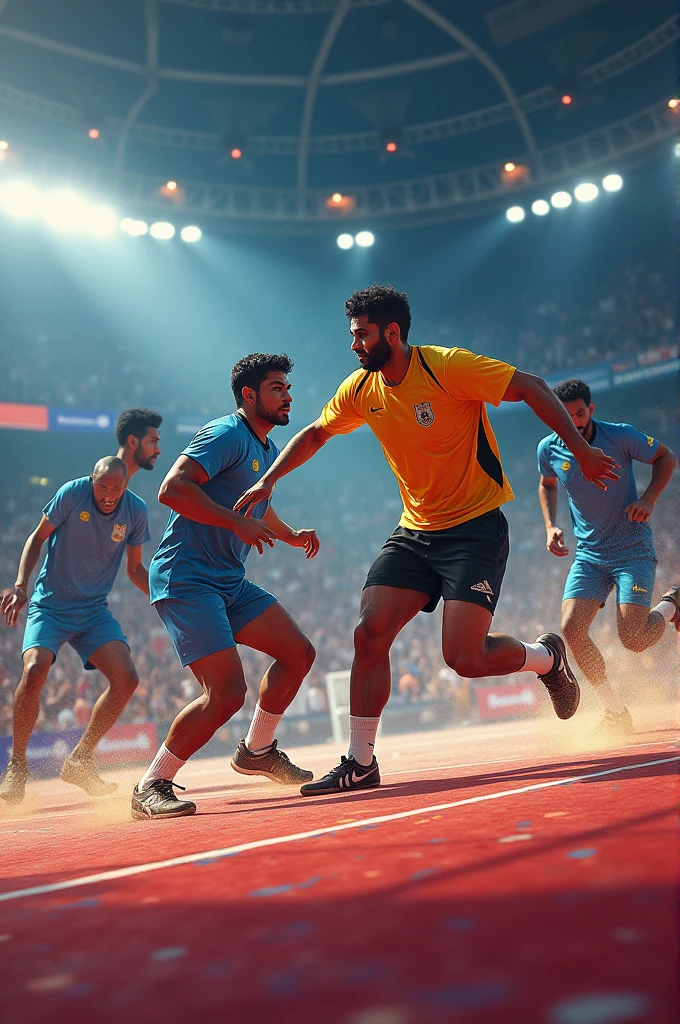 A high-intensity kabaddi match featuring a group of six players from one team attempting to tackle a raider from the opposing team. The raider, dressed in a bright yellow jersey, is making a desperate attempt to escape as the defenders, clad in light blue jerseys, surround him with focused determination. The indoor stadium is filled with vibrant colors, and the energy of the game is palpable, highlighting the athleticism, strategy, and sheer strength required in this traditional sport."