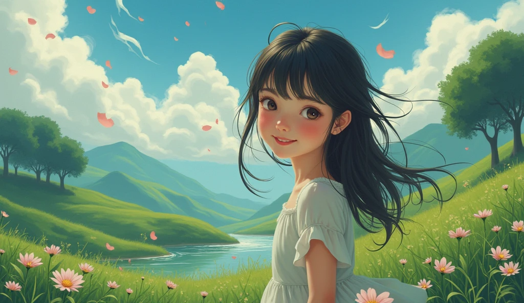 portrait of cute girl, cloudy sky background lush landscape illustration concept art anime key visual trending pixiv fanbox by wlop and greg rutkowski and makoto shinkai and studio ghibli