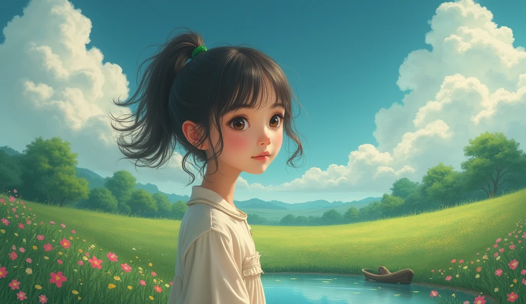 portrait of cute girl, cloudy sky background lush landscape illustration concept art anime key visual trending pixiv fanbox by wlop and greg rutkowski and makoto shinkai and studio ghibli