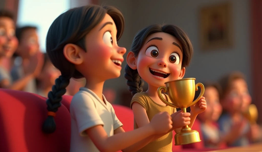 In 3d animation style " A scene of Arya winning a school competition, holding a trophy with a big smile, while her father claps proudly from the audience.