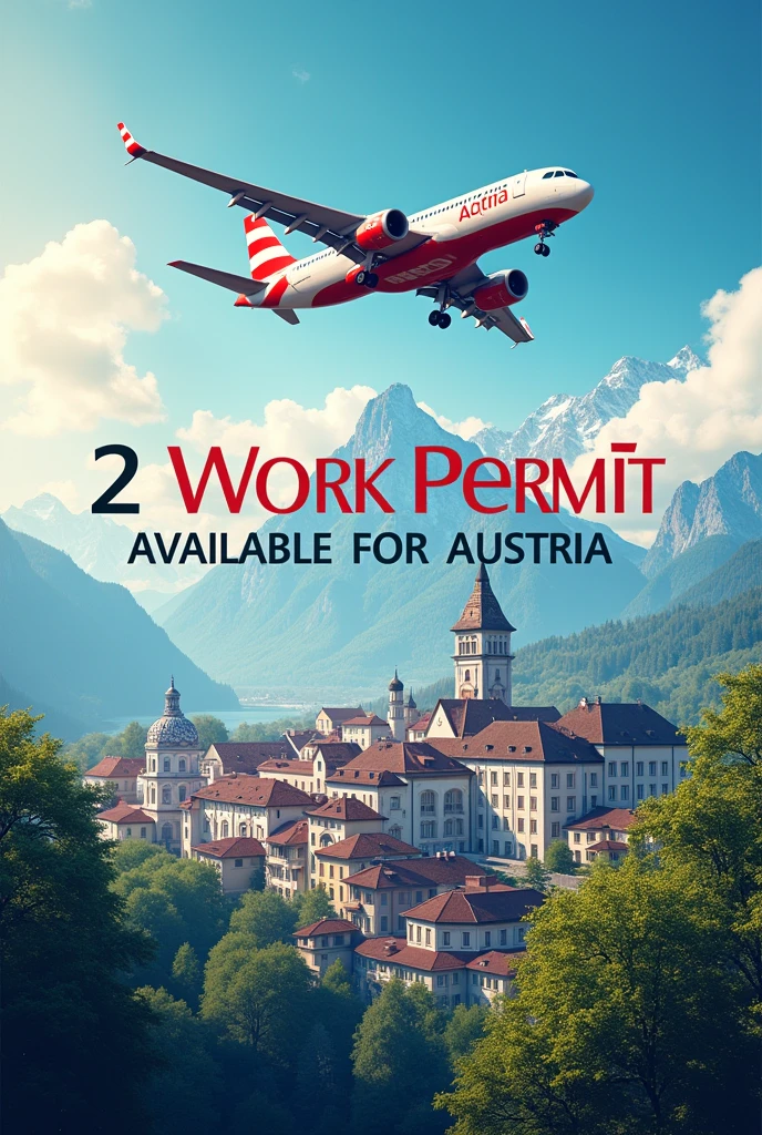 Make a consultancy banner and write in it that 2 work permit available for austria (done bass) and also create a flying aeroplane and in background austria buildings