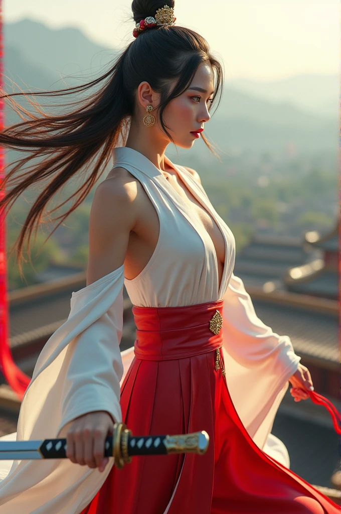 (masterpiece, best quality, beauty),uhd, china female kungfu, korean beauty like tae yon, her face and leg fully visible, shining red eyes,, windblown hair, wear white silk and red leather suit, left hand hilding china traditional sword, standing on top dragon pole, with forbiden city china seen on far away, best ratio body ,uhd. use the RenderMan renderer.digital art. High definition, high contrast, high color saturation,128k,cinematic lighting, intricate,cinematic lens, advertising photograph,ultra detail.dslr,Wallpaper size