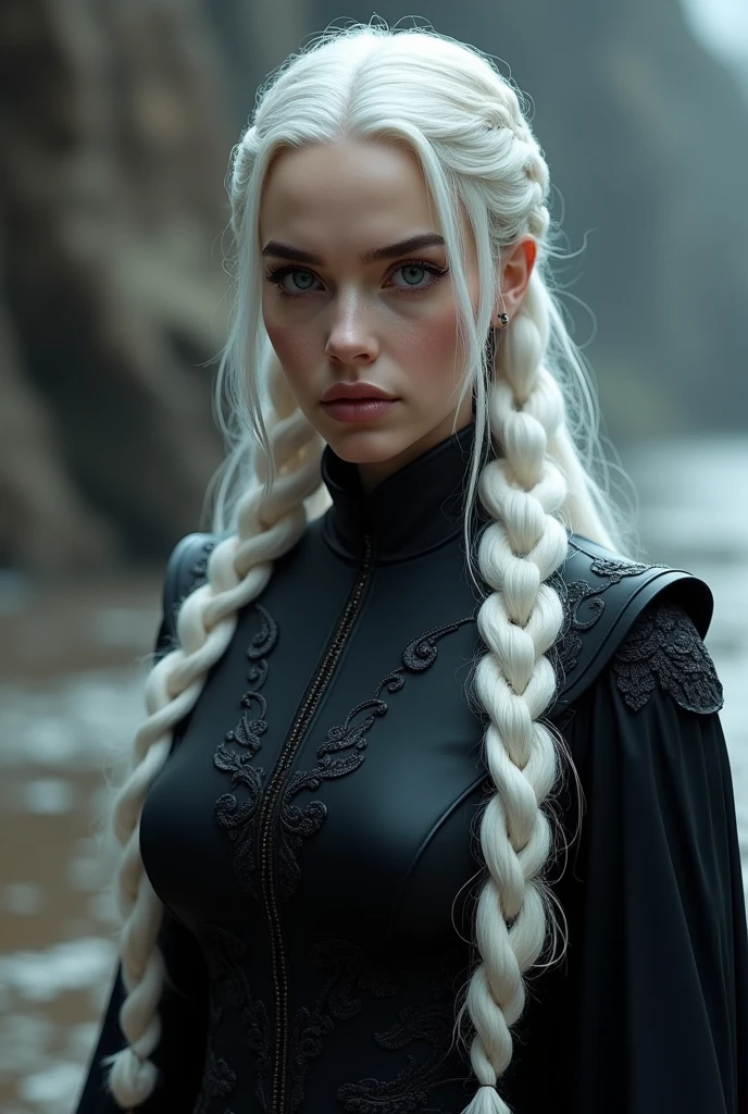 ((Masterpiece, top quality, high resolution)), ((highly detailed CG unified 8K wallpaper)), (huge stunning goddess shot, very hot and sexy, jaw-dropping beauty, perfect proportions, beautiful body, slim body beauty:1.1), A young queen sitting on the Iron Throne, beautiful face showing hard will, braided silver hair, black crown on her head, black dress, cross-legged, bare shoulders, lace gloves, bare feet, particles of majestic light in the air, a scene from a movie, a stately atmosphere, View from below,