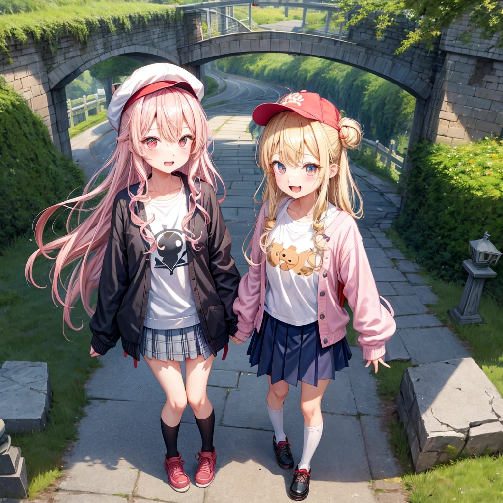 Pink Blonde、Red eyes、Wavy Hair、Hair tied up、Two cute、Checked mini skirt、black t-shirts、cardigan、Knee-high socks、bear ears baseball cap、Teeth are visible、Monster Castle、Tilting face、crossing the bridge、hazakura、windmill、grass、Stones are growing out of the ground.、A teddy bear is walking、Morning glory is blooming.、In front of the city gates、clock、Underground tunnels