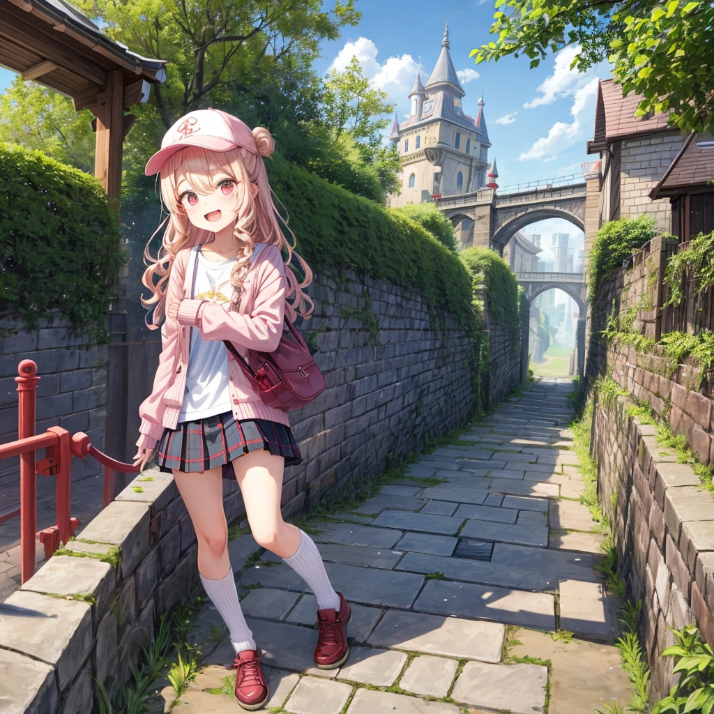 Pink Blonde、Red eyes、Wavy Hair、Hair tied up、Two cute、Checked mini skirt、black t-shirts、cardigan、Knee-high socks、bear ears baseball cap、Teeth are visible、Monster Castle、Tilting face、crossing the bridge、hazakura、windmill、grass、Stones are growing out of the ground.、A teddy bear is walking、Morning glory is blooming.、In front of the city gates、clock、Underground tunnels