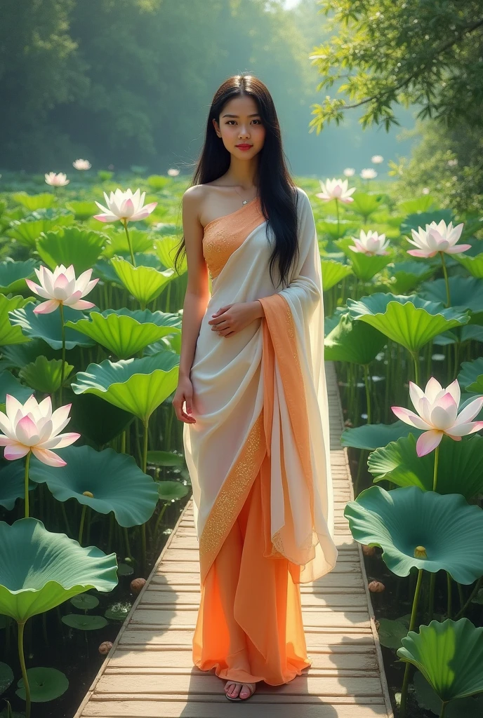 On the bridge in the middle of a beautiful white lotus pond, a beautiful young woman with a sweet and gentle face, long black hair flowing in the air, wearing a light orange Dusit Thai dress, a light orange and white sarong with pink sparkles, a white silk sash around her arm with a gold sparkle, the freshness of the green atmosphere of the lotus pond, an oil painting, a simulative painting, an art painting by Professor Chalermchai.