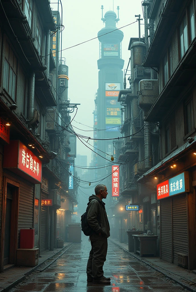 Near future、2050Year、Tokyo、Downtown、Cyberpunk worldview、Steampunk worldview、A shabby man、In a corner of the city、Professional work、中Year