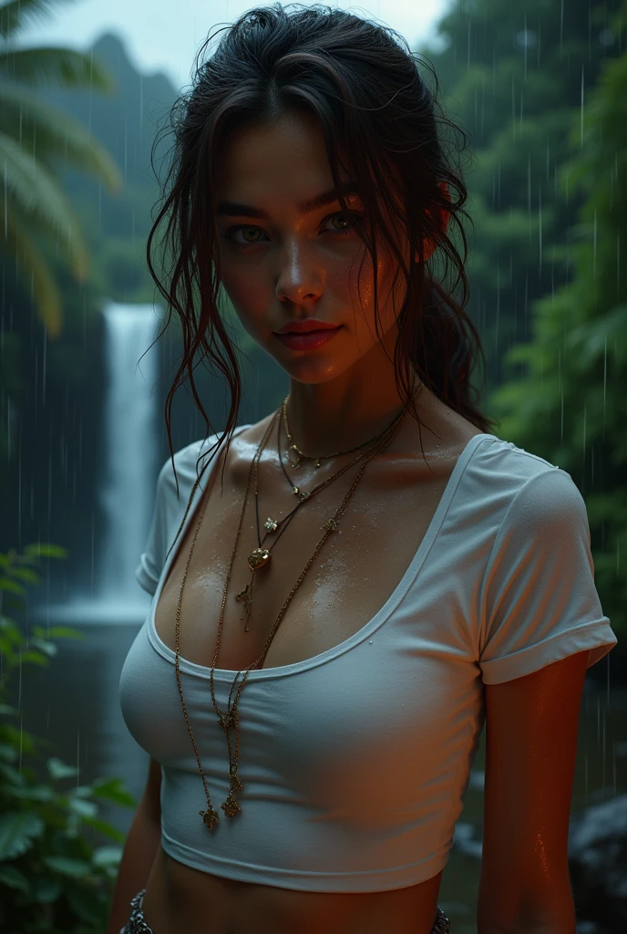 (masterpiece, photorealistic:1.4, extremely intricate:1.3), (photon mapping, radiosity, physically based rendering, ultra resolution, hyper-realistic, 8K), ((((closeup necklace, wet white t-shirt, tied, humid, [medium breasts:large breasts:0.3], abdominal muscles, pokies. smirking, aloof, Hawaiian girl)), humid, [skin detail:freckles:0.7], natural, 19 year teenage supermodel, [dark hair:red hair:0.7]), dark room, ((outside, outdoors, Hawaiian palm trees, raining, rain, dim, dark sky, windy, wet hair, faraway waterfall)))
