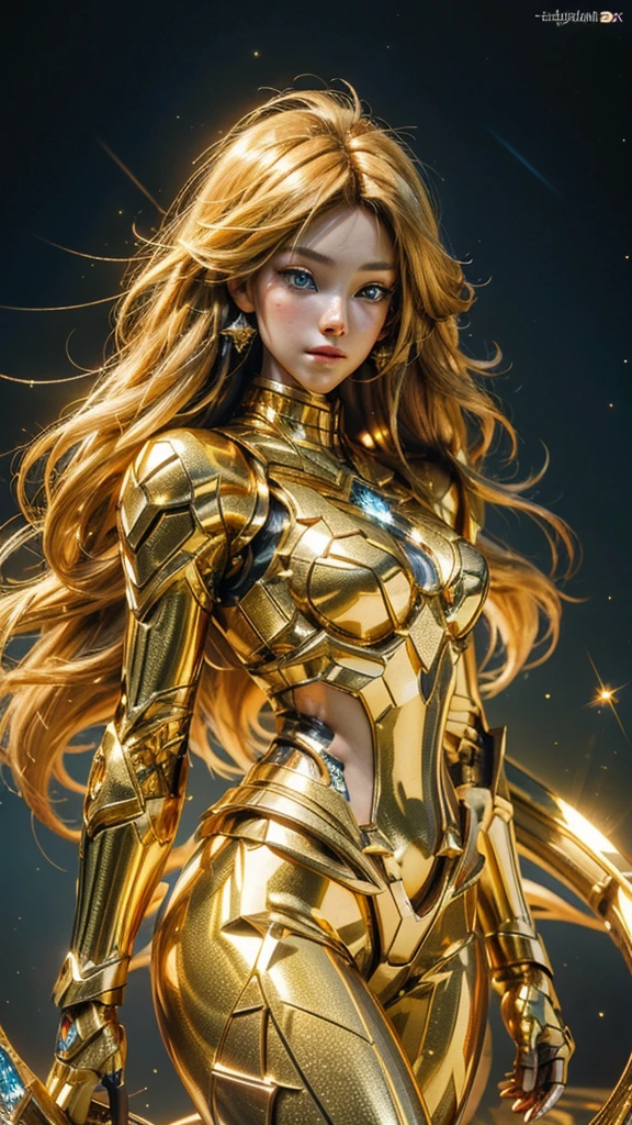 super realistic, super detailed, ultra HD graphics. high resolution. beautiful girl with long hair, golden blue. golden eyes emitting light.. face sparkling like diamonds. colorful. radiant.. enchanting. HD wallpaper.cosplay 3d game 3d.mecha