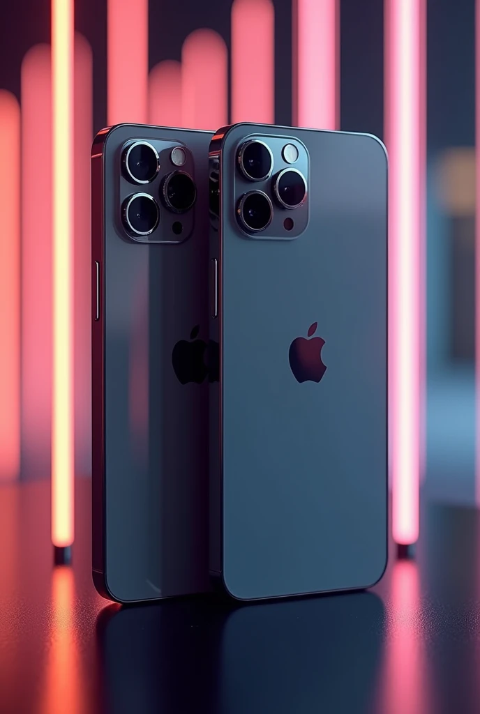 iPhone 15 pro Max that appears from the front and back with a blurred LED-illuminated background
