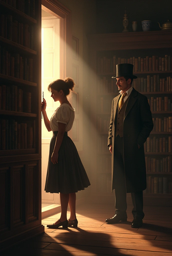 Finding the Hidden Door: Amelia and Mr. Thompson are in the attic, examining a hidden door behind a bookshelf. Amelia is about to insert the key into the lock, and Mr. Thompson is looking on with anticipation.