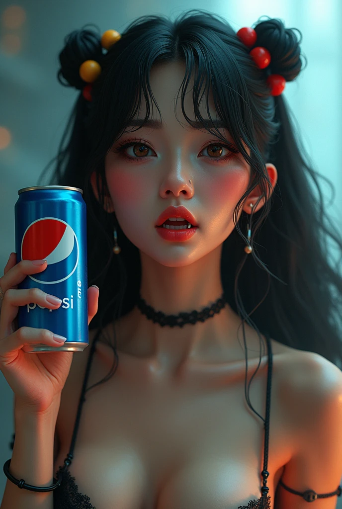black hair, hair bobbles, wince, longeyelashes, solid circle eyes, hottie, light smile, ear blush, fang, ccurate, Surrealism, drop shadow, anaglyph, stereogram, upper body, sexy pose, holding a pepsi, sweaty, atmospheric perspective, 8k, super detail, best quality, not asian girl,