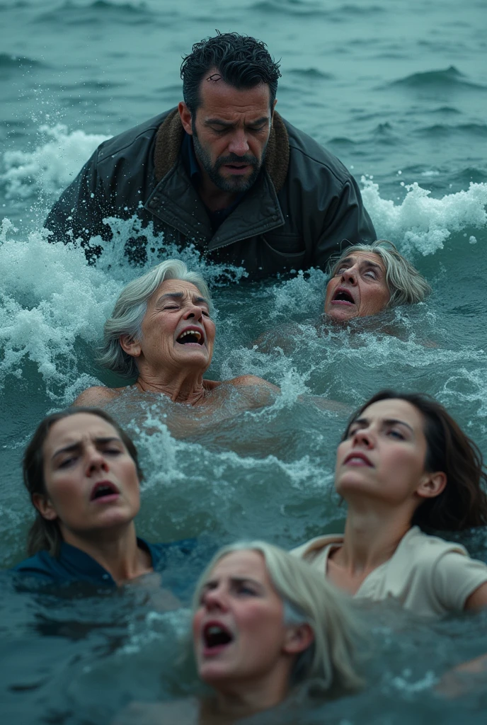 A man looks at a drowning man, there are three people in the water, elderly mother wife and little daughter in clothes, only heads are visible, asking for help
