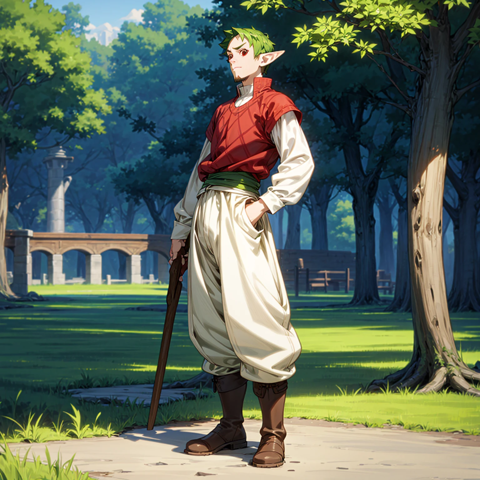 Solo character, full body version, middle aged man, (elf), red eyes, green color hair, undercut hair, casual clothing, white color clothing, brown pants, boots, outdoor, park village, medieval, standing gesture, detailed background, detailed clothing, detailed hair, (one piece style art), heavy armored, chin beard, stick in hand