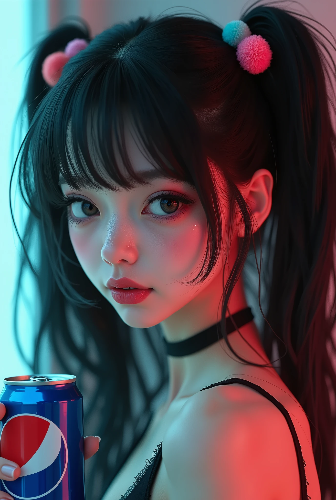 black hair, hair bobbles, wince, longeyelashes, solid circle eyes, hottie, light smile, ear blush, fang, ccurate, Surrealism, drop shadow, anaglyph, stereogram, upper body, sexy pose, holding a pepsi, sweaty, atmospheric perspective, 8k, super detail, best quality