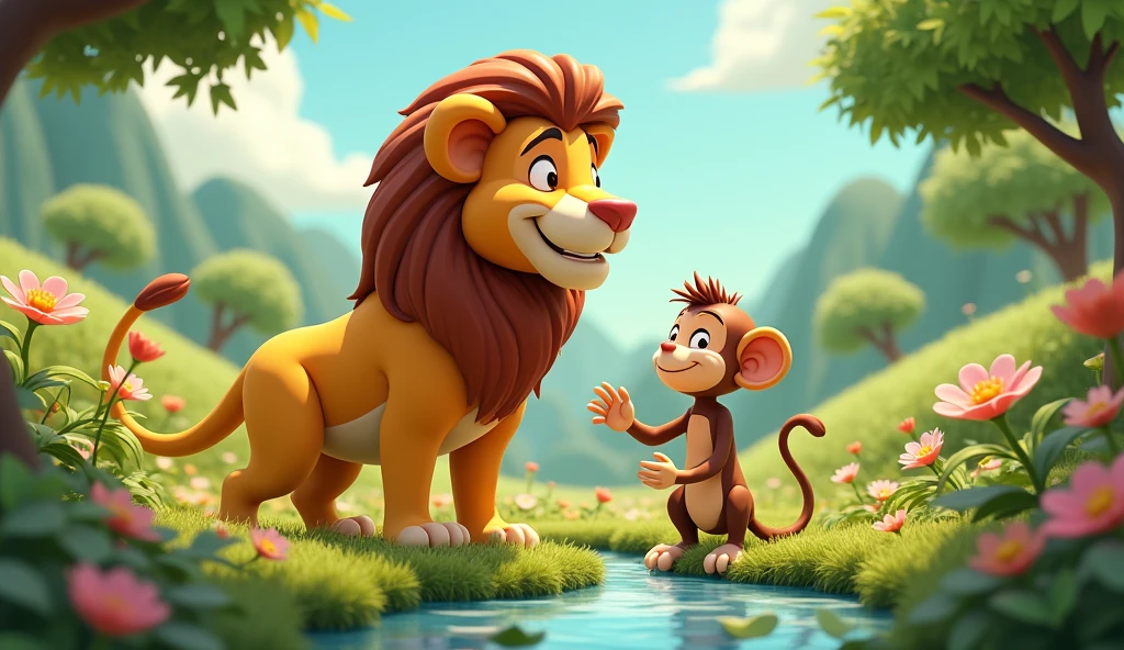 create 3D cenametic cartoon animation of this prompt "Lion and monkey work together to build a beautiful garden"