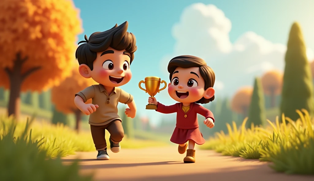 In 3d animation style " Arya running towards her father with the trophy in her hand, both looking excited and happy, ready to share the good news.